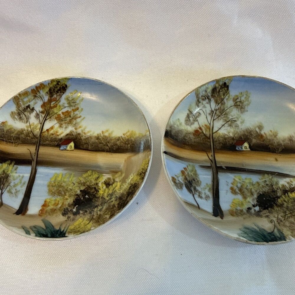 Hand Painted Scenes signed by Hitomi, Japan. BB Vibtage Set Porcelain 4 inches